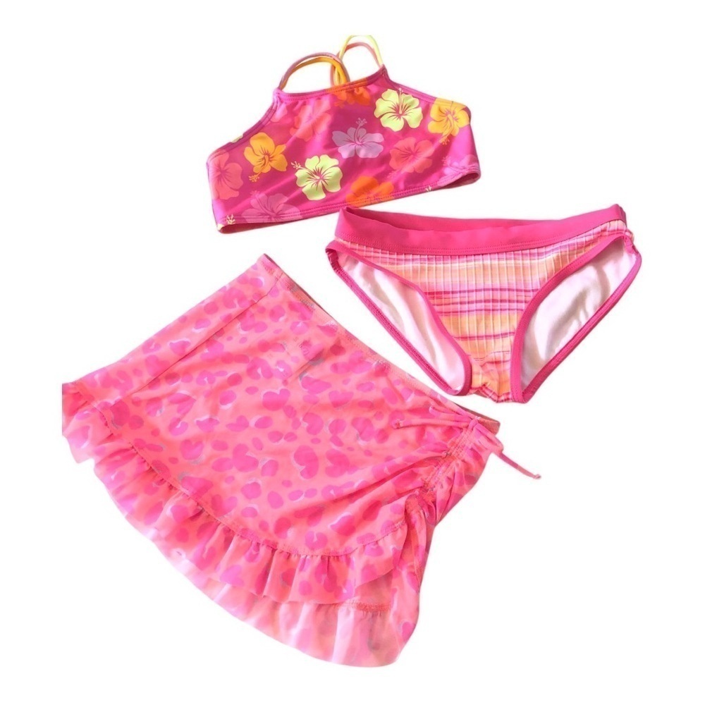 Bundle 3 Pc Cat & Jack Art Class Pink Floral Bikini Set with Skirt Coverup S 6/7